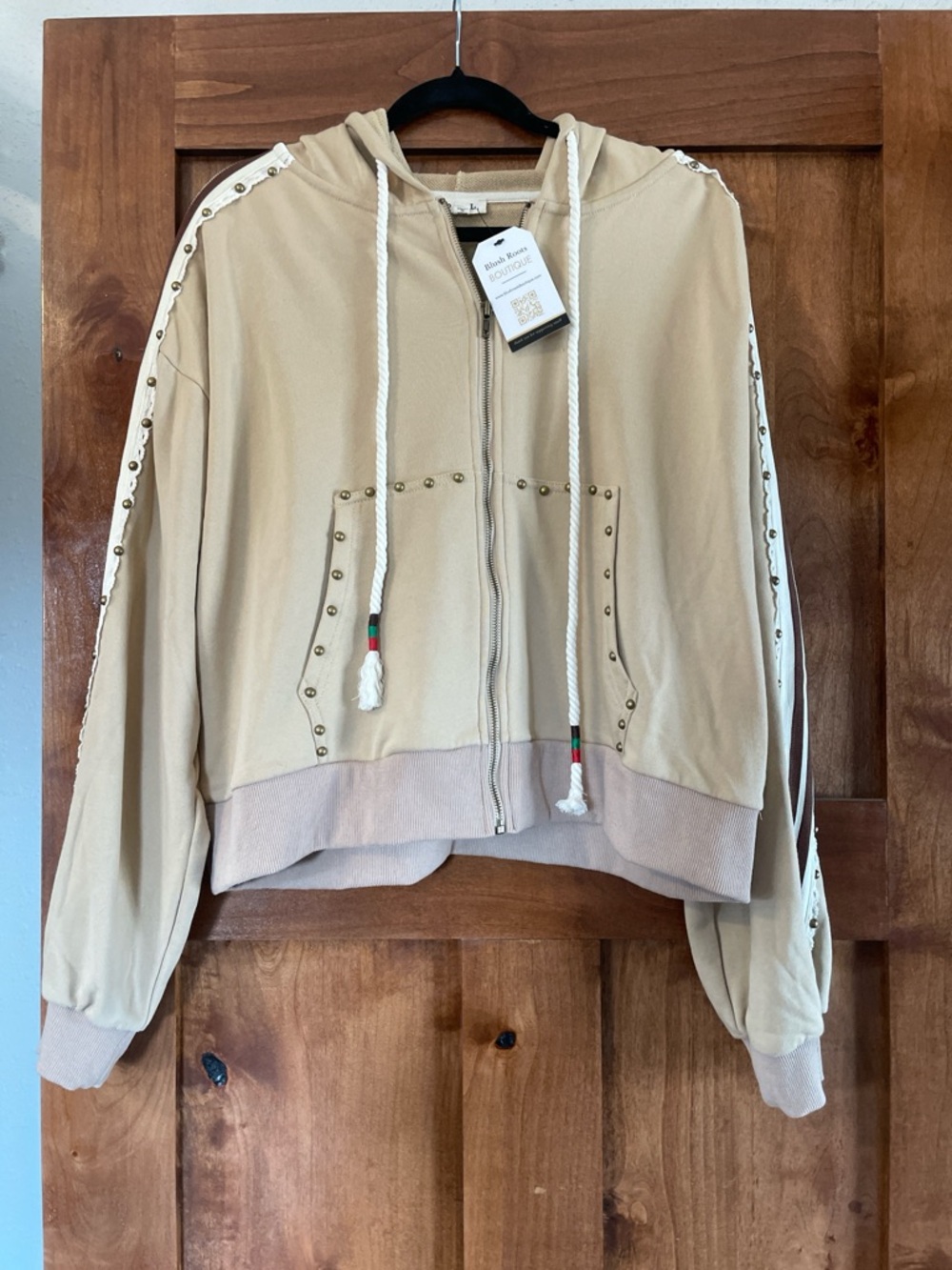 POL Beige Hooded Zip Hoodie with Stud Trim